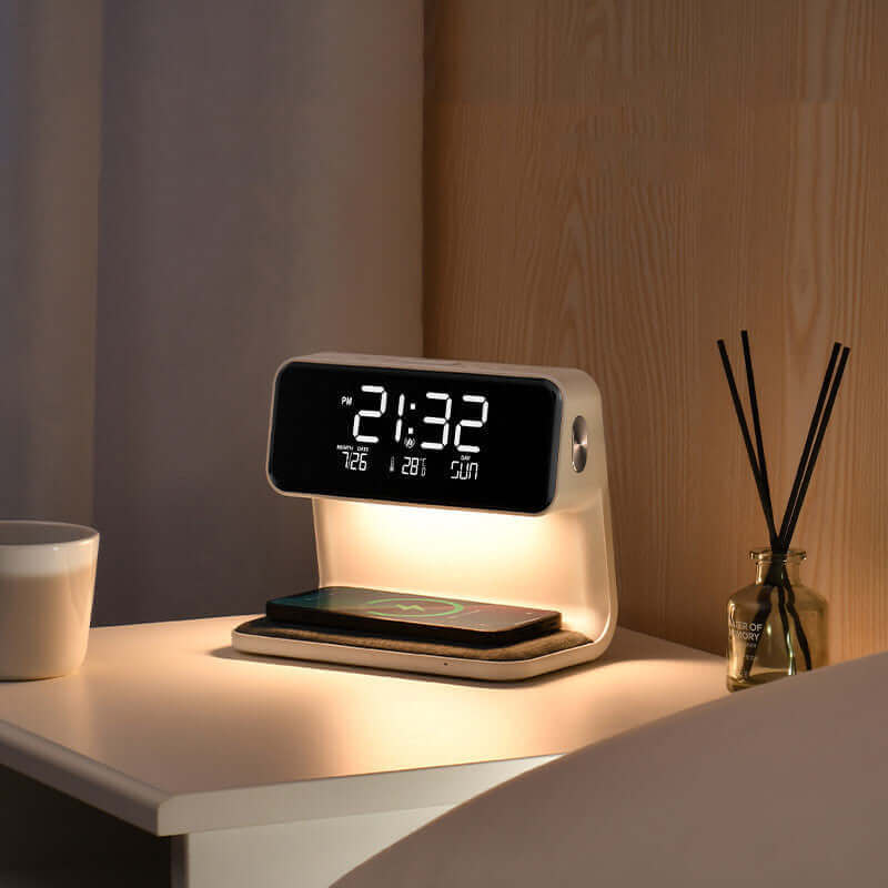 Creatieve 3-in-1 Bedlamp Draadloze Oplading LCD Scherm Alarmklok Draadloze Telefoon Oplader