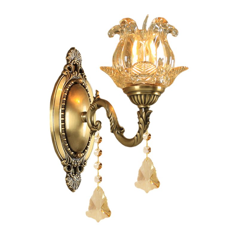 Traditionele Semi-Open Bloem Wandlamp 1/2-Licht Helder Glas Muurmontage Verlichting in Messing
