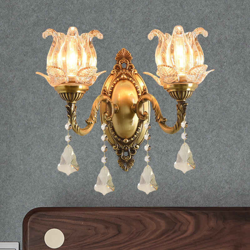 Traditionele Semi-Open Bloem Wandlamp 1/2-Licht Helder Glas Muurmontage Verlichting in Messing