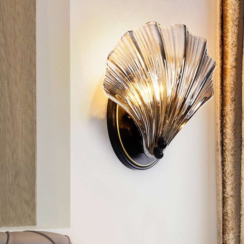 Enkele Geribbelde Schelp Wandlamp Landelijke Stijl Zwart/Goud Geribbelde Glazen Wandverlichting