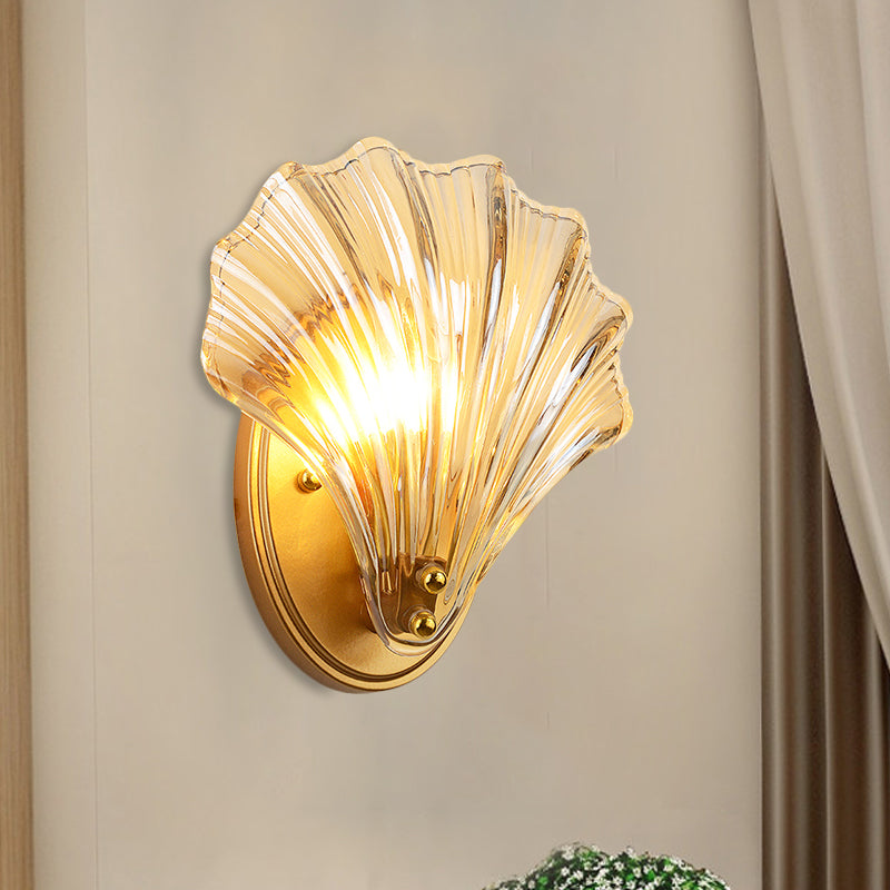 Enkele Geribbelde Schelp Wandlamp Landelijke Stijl Zwart/Goud Geribbelde Glazen Wandverlichting