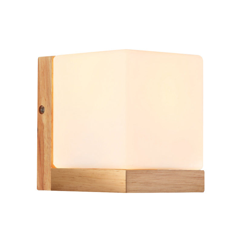 Hotel Restaurant Cube Wandlamp Opal Glas Hout 1 Licht Japanese Stijl Witte Wandlamp