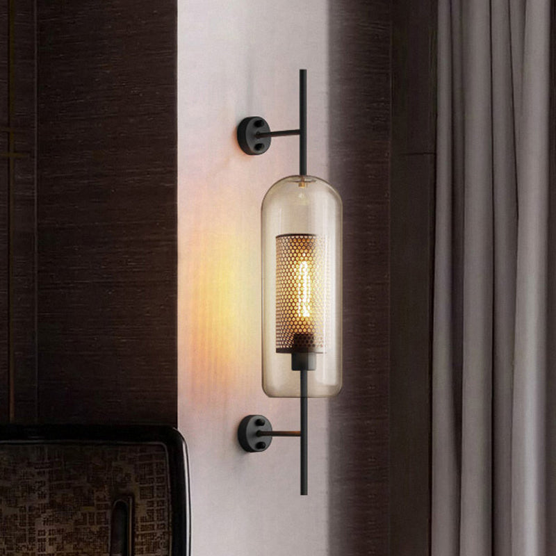 Cognac Glas Zwarte Wandlamp Oblong 1 Lamp Coloniale Muur Gemonteerde Verlichting met Binnenkolom Gaas Scherm, 5"/6" B