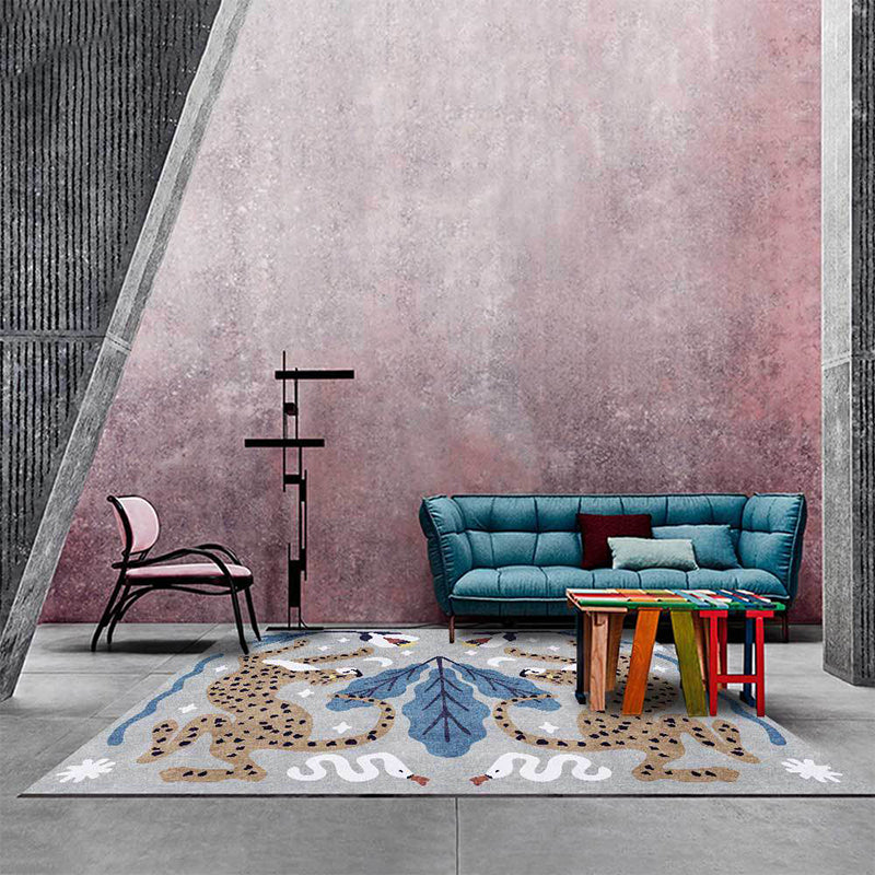 Stijlvol dierenpatroon vloerkleed grijs en blauw Nordic vloerkleed polyester wasbaar antislip achterkant kleed voor de woonkamer