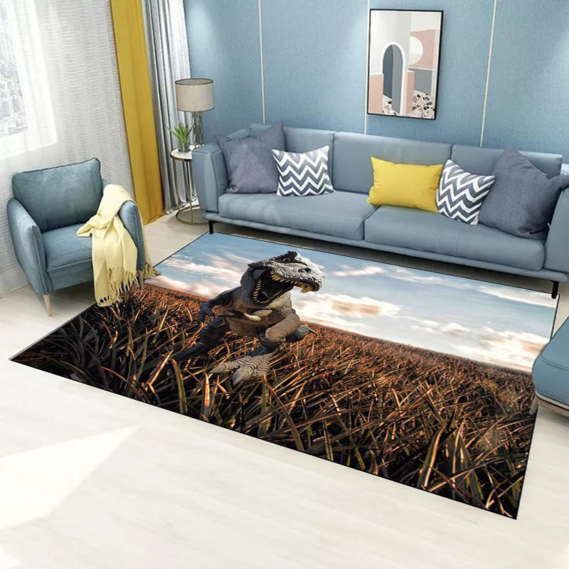 Funky Dinosaurus Patroon Tapijt Bruin en Blauw Nordic Tapijt Polyester Wasbaar Antislip Achterkant Tapijt voor de Woonkamer
