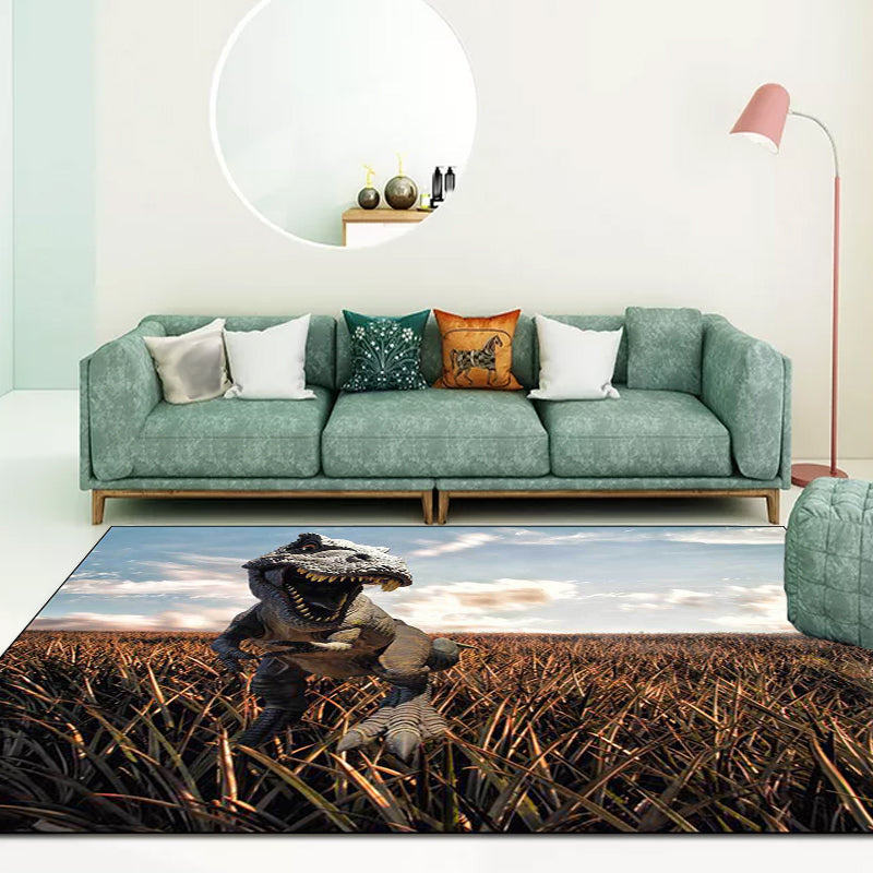 Funky Dinosaurus Patroon Tapijt Bruin en Blauw Nordic Tapijt Polyester Wasbaar Antislip Achterkant Tapijt voor de Woonkamer