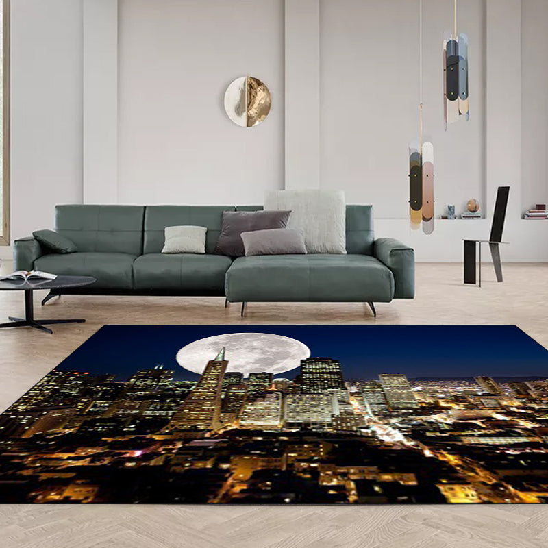Contemporary geography patroon tapijt met maan donkerblauw polyester tapijt machinewasbaar antislip vloerkleed voor de slaapkamer