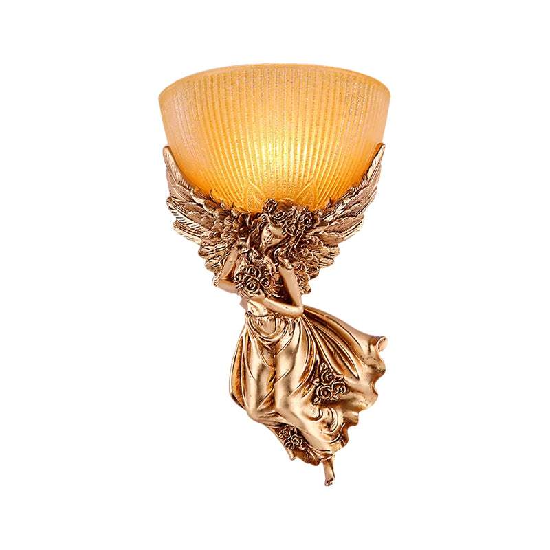 Enkele Peertje Engel Wandlamp Licht Platteland Gouden Hars Wandgemonteerde Lamp met Amber Gefluteerde Glazen Lampenkap, Rechts