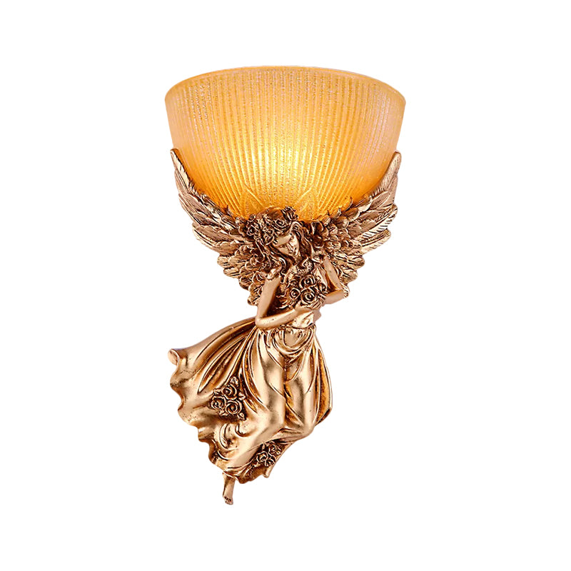 Enkele Peertje Engel Wandlamp Licht Platteland Gouden Hars Wandgemonteerde Lamp met Amber Gefluteerde Glazen Lampenkap, Rechts