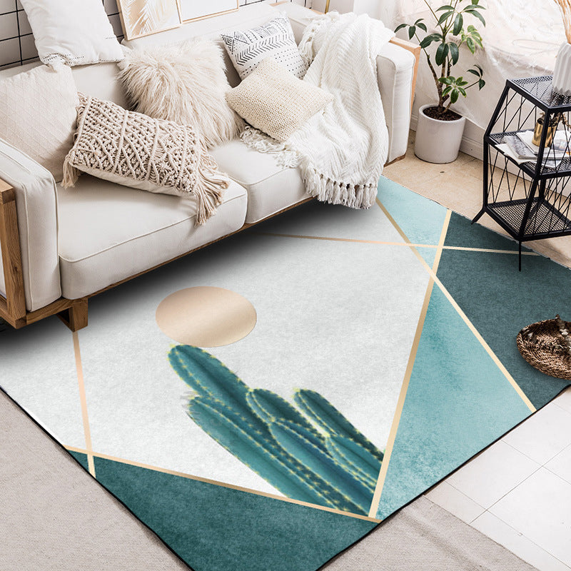 Moderne woonkamer tapijt in groen en grijs kleurblok cactus zon print tapijt polyester antislip achterkant wasbaar tapijt