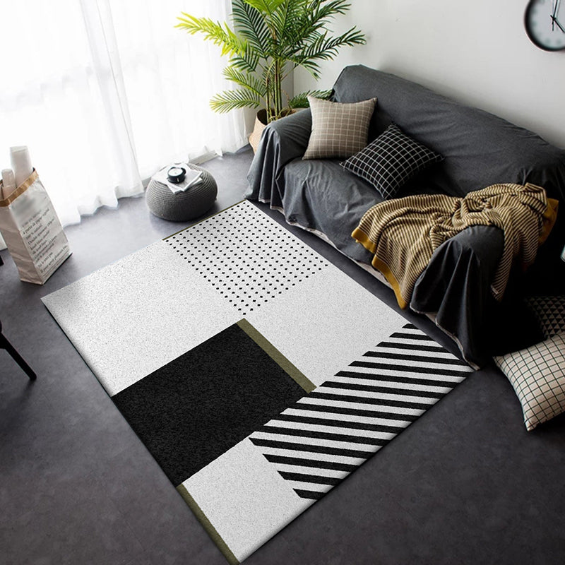 Nordic Modern Vloerkleed in Zwart en Witte geometrische stippenpatroon gestreept vloerkleed polyester wasbaar vloerkleed voor woningdecoratie