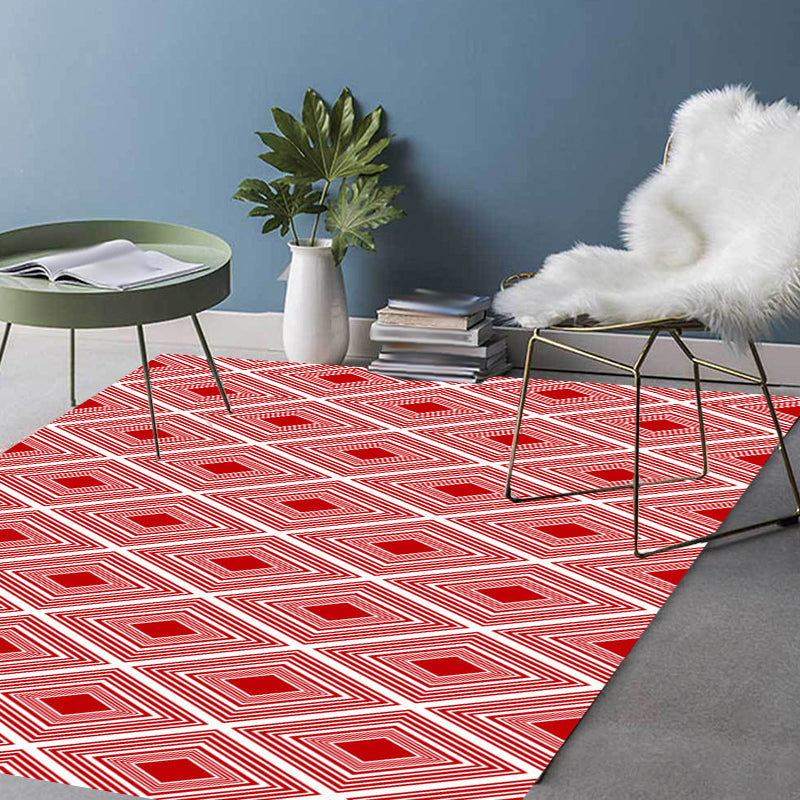 Rode Slaapkamer Tapijt Moderne Geruite Patroon Diamant Patroon Vloerkleed Polyester Wasbaar Vlekbestendig Vloerkleed