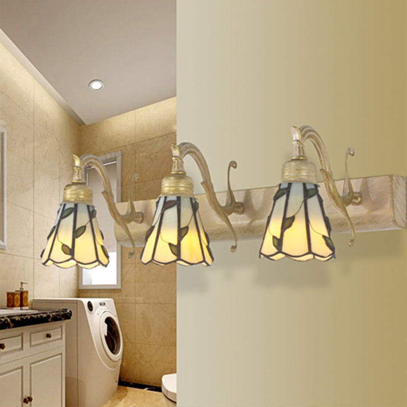 3 Koppen Leaf Vanity Light Rustieke Loft Gekleurd Glas Make-up Spiegel Licht met Lineaire Achterplaat in Koper/Antiek Messing/Goud | Troscana