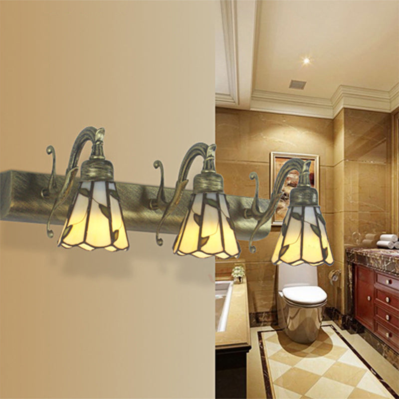 3 Koppen Leaf Vanity Light Rustieke Loft Gekleurd Glas Make-up Spiegel Licht met Lineaire Achterplaat in Koper/Antiek Messing/Goud | Troscana