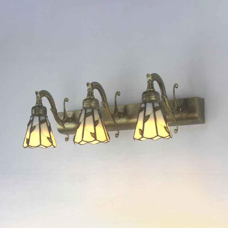 3 Heads Leaf Vanity Light Rustieke Loft Gevalen Glas Make-up Spiegel Licht met Lineaire Achterplaat in Koper/Antiek Messing/Goud
