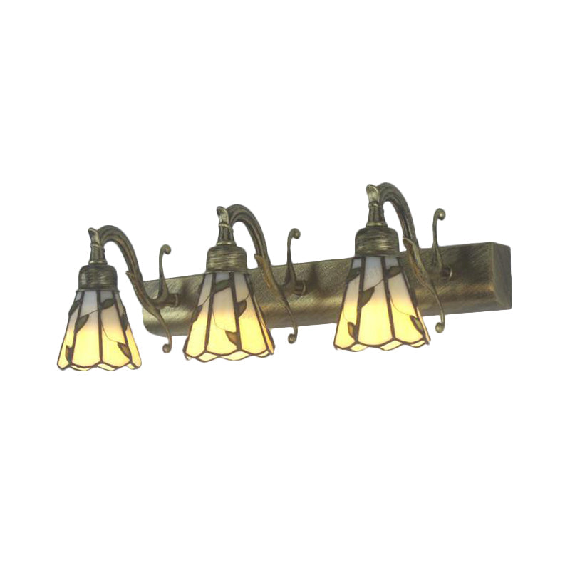 3 Koppen Leaf Vanity Light Rustieke Loft Gekleurd Glas Make-up Spiegel Licht met Lineaire Achterplaat in Koper/Antiek Messing/Goud | Troscana