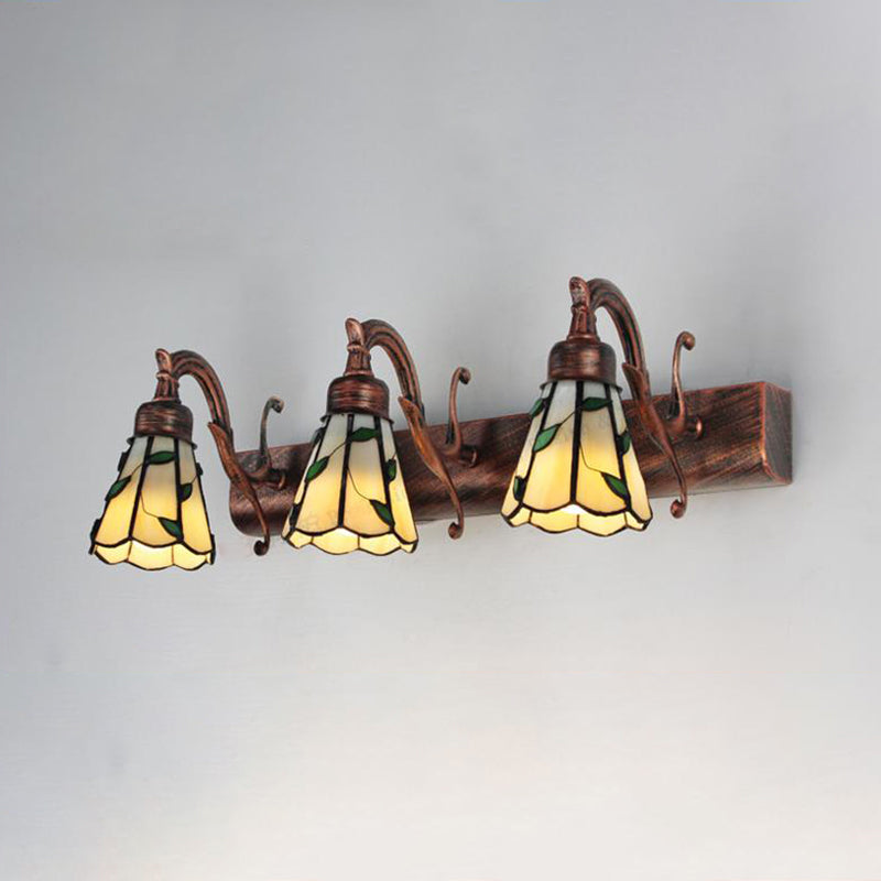 3 Heads Leaf Vanity Light Rustieke Loft Gevalen Glas Make-up Spiegel Licht met Lineaire Achterplaat in Koper/Antiek Messing/Goud