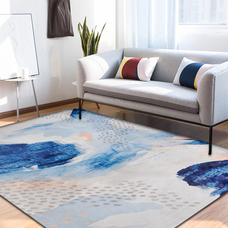 Uniek Penseelstreep Patroon Tapijt Blauw Hedendaags Tapijt Polyester Huisdiervriendelijk Antislip Onderkant Wasbaar Tapijt voor de Woonkamer