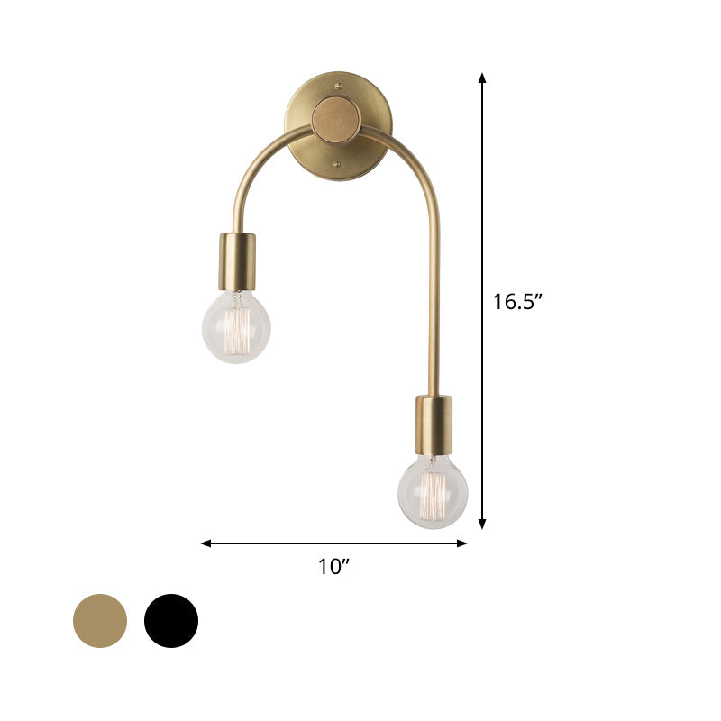 Swoop Arm IJzeren Wandlamp Minimalistisch 2-Lichts Zwart/Goud Wandverlichting met Kale Gloeilamp Ontwerp