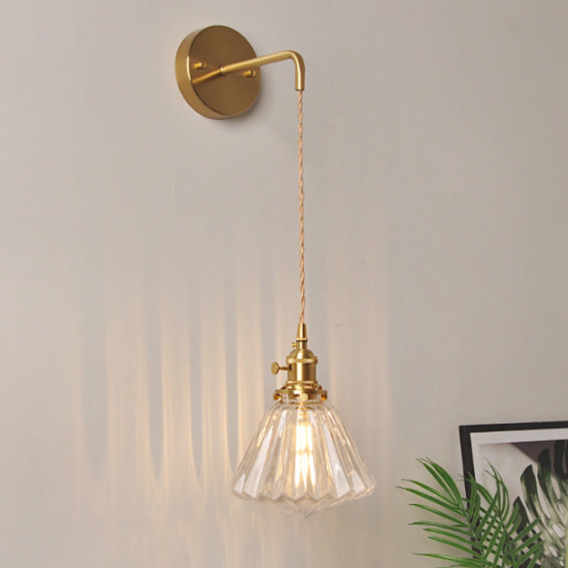 Bowl/Cylinder Bedside Wandverlichting Antiek Helder Prizmatisk/Golvend Glas 1 Lamp Messing Wandlamp met Draaischakelaar