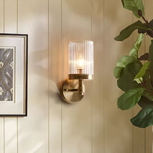 1-Lichts Wandgemonteerde Lamp Traditionele Cilinder Transparant Glas Wandlamp in Bruin/Goud boven Bed