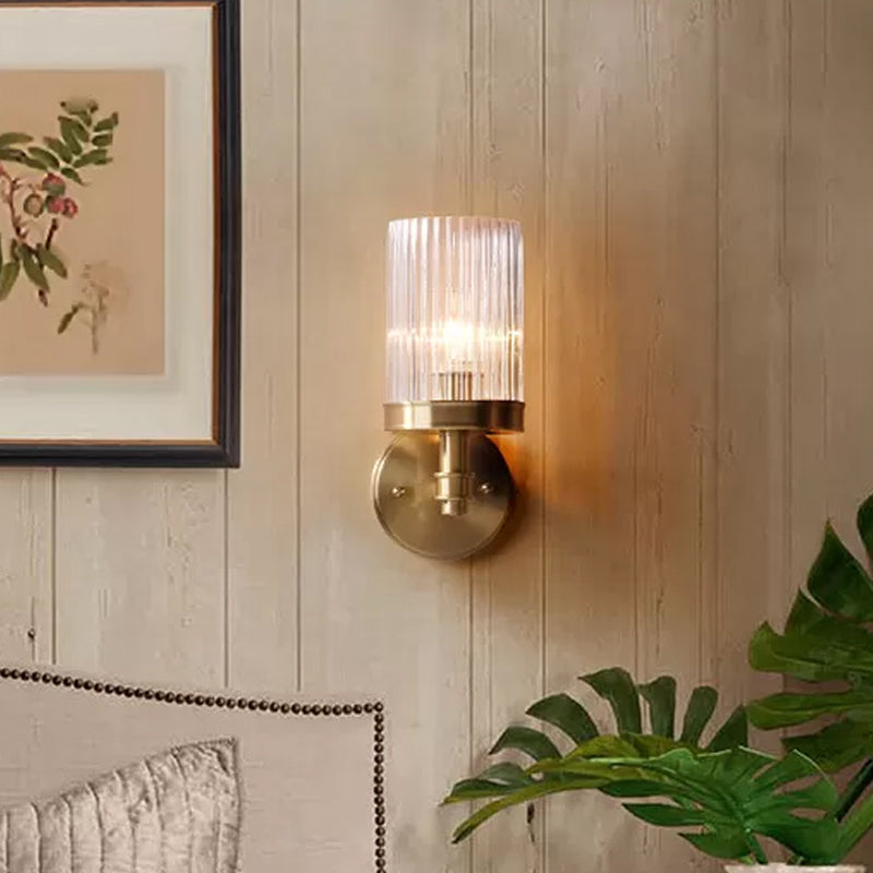 1-Lichts Wandgemonteerde Lamp Traditionele Cilinder Transparant Glas Wandlamp in Bruin/Goud boven Bed