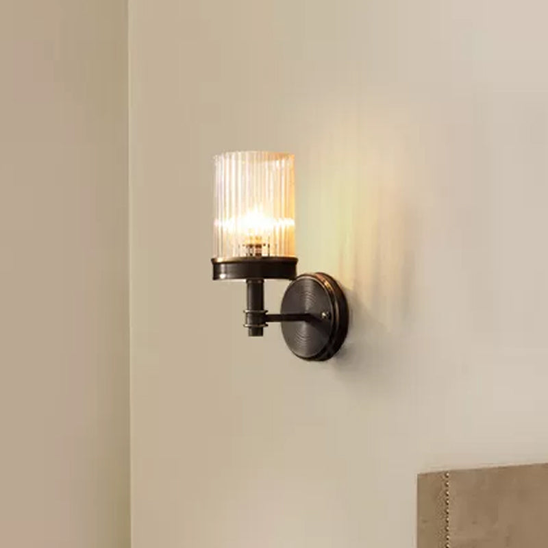1-Lichts Wandgemonteerde Lamp Traditionele Cilinder Transparant Glas Wandlamp in Bruin/Goud boven Bed