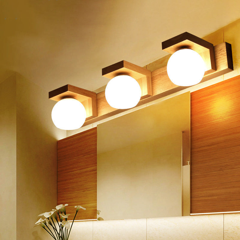 Lineaire Badkamer Wandlamp Hout 2/3 Koppen Nordische Wandmontage Lamp met Bal Opale Glazen Schaduw