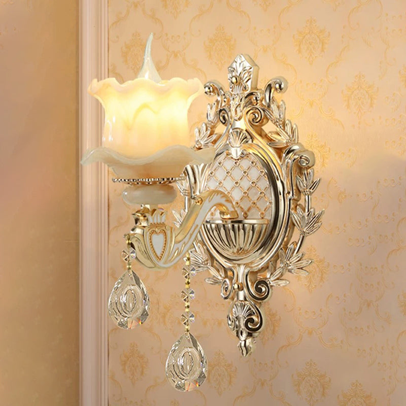 Jade Bloemige Wandlamp Antieke Woonkamer Wandverlichting Fixture met Hangende Kristallen in Goud