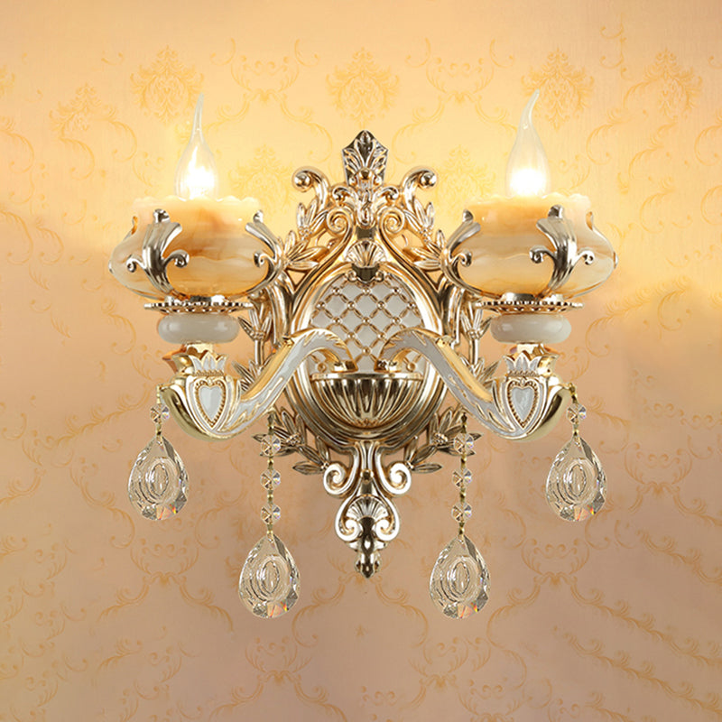 Jade Bloemige Wandlamp Antieke Woonkamer Wandverlichting Fixture met Hangende Kristallen in Goud