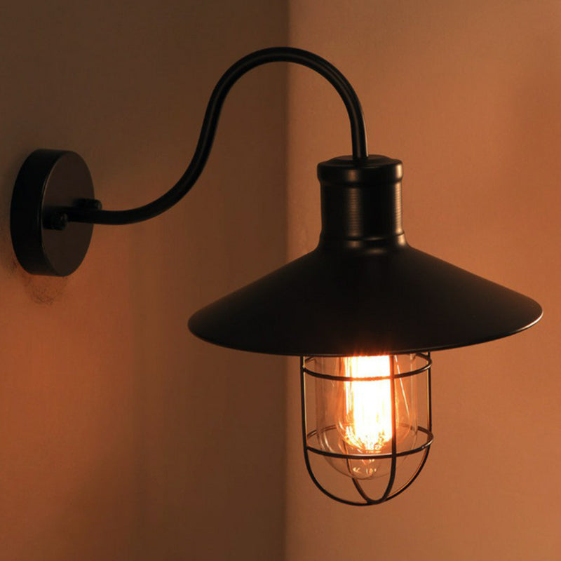 Zwarte Conische Wandlamp Industriële Metaal 1 Hoofd Gang Gooseneck Wandlamp met Kooi