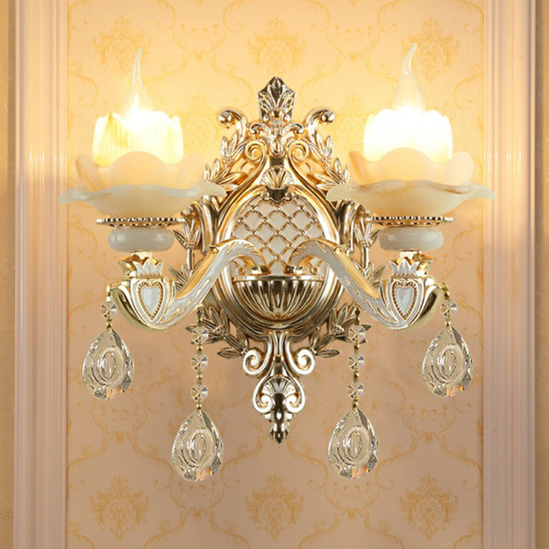 Jade Wandlamp Traditioneel Beige Bloem Corridor Wandlamp met Kristal Druppel