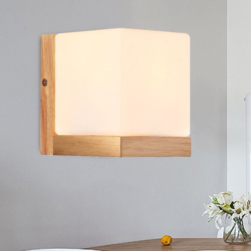 Hotel Restaurant Cube Wandlamp Opal Glas Hout 1 Licht Japanese Stijl Witte Wandlamp