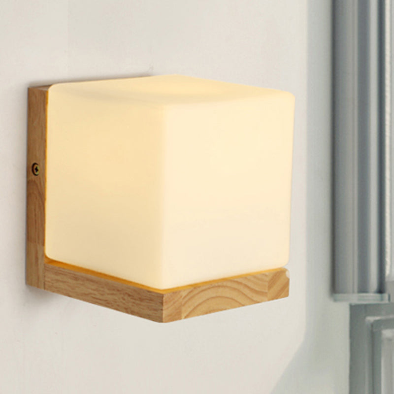 Hotel Restaurant Cube Wandlamp Opal Glas Hout 1 Licht Japanese Stijl Witte Wandlamp
