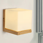 Hotel Restaurant Cube Wandlamp Opal Glas Hout 1 Licht Japanese Stijl Witte Wandlamp