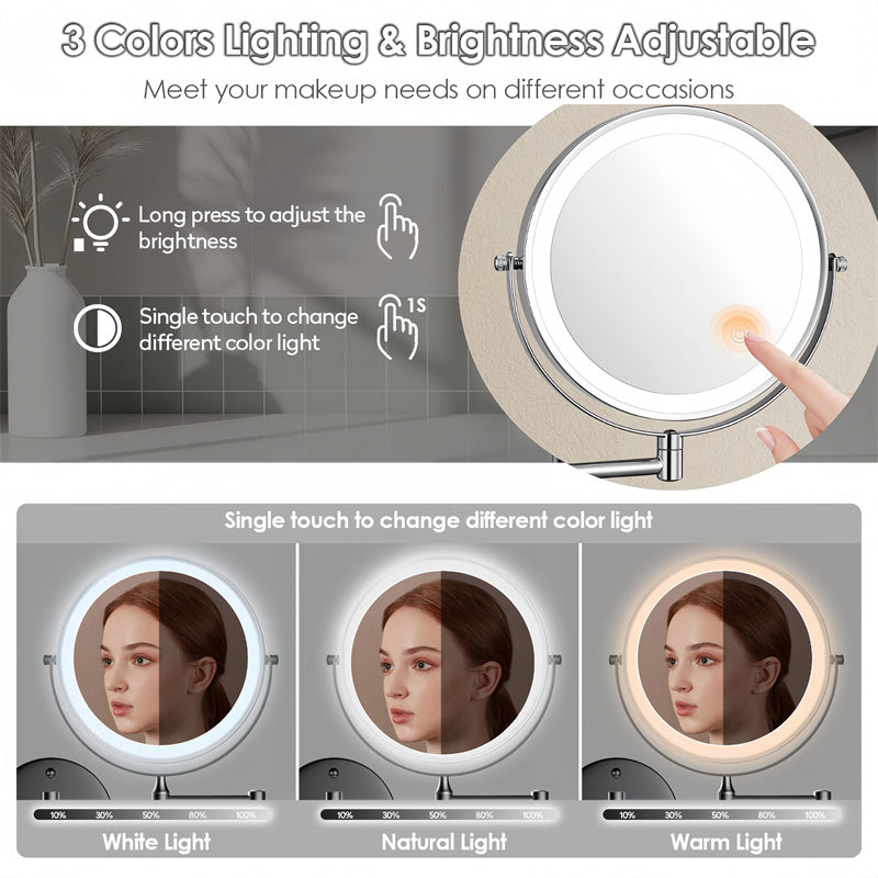 Oplaadbare Wandgemonteerde Scheerspiegel | 360° Rotatie. 1X/10X Vergroting & Verstelbare LED Verlichting voor Badkamergebruik