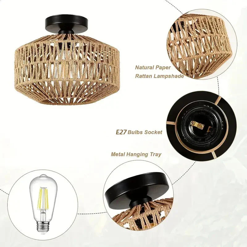 Klassieke Bamboe Glans Kroonluchter - Handgemaakte Rieten Hanglamp voor Woon- en Slaapkamerdecor