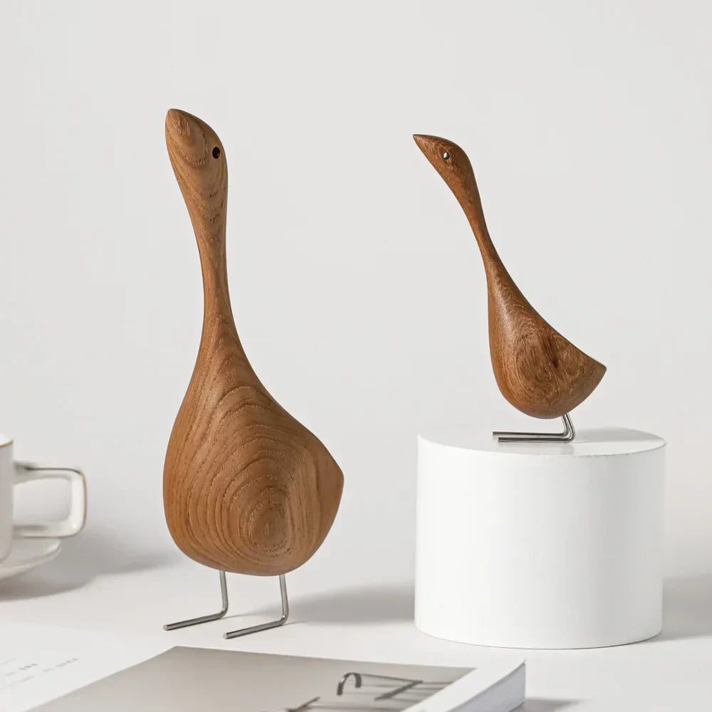 Noordse Houten Ganzenfiguren Abstract Teakhouten Beeldhouwwerk Liefdeskoppel Figuren Natuurlijke Dier Ornamenten voor Huisdecoratie