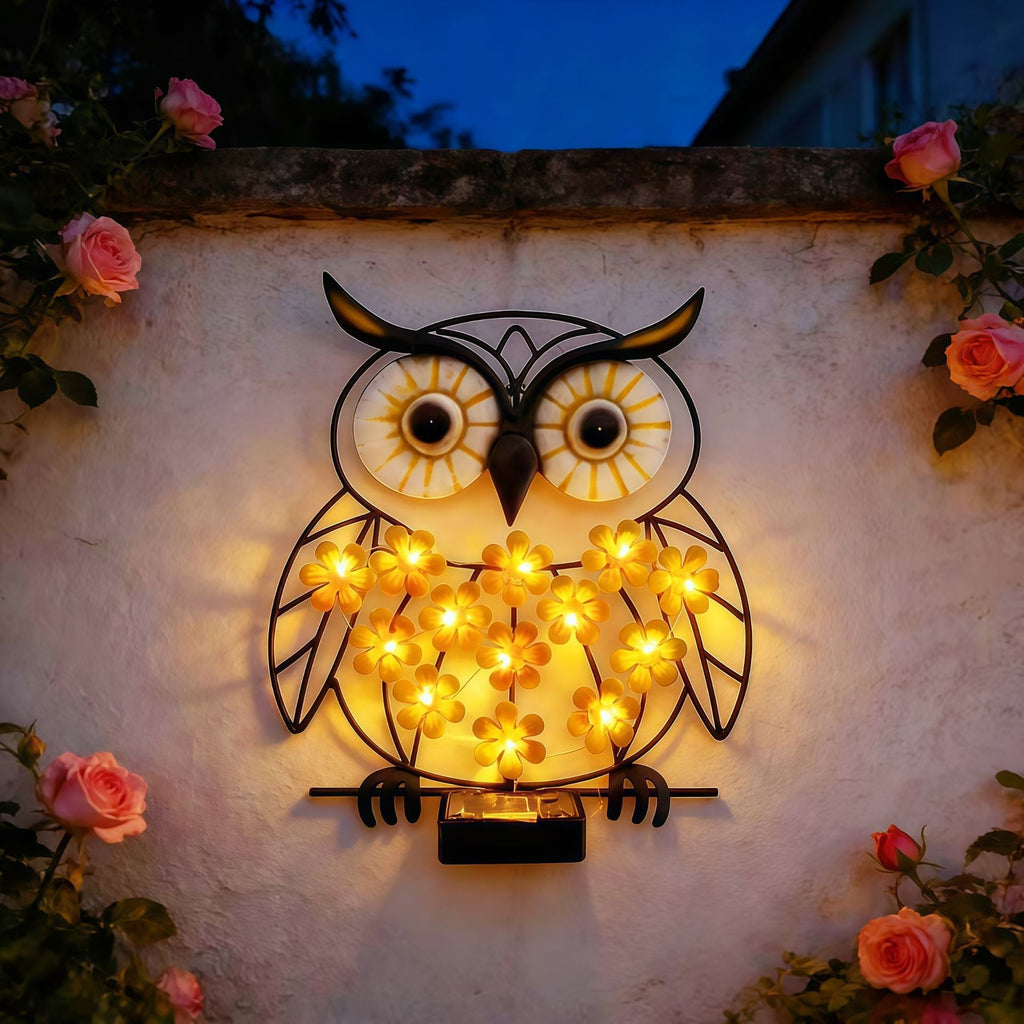 Metalen Uil Wanddecoratie Met Zonne-energie Aangedreven LED Bloemige Lichten En IJzeren Frame Troscana