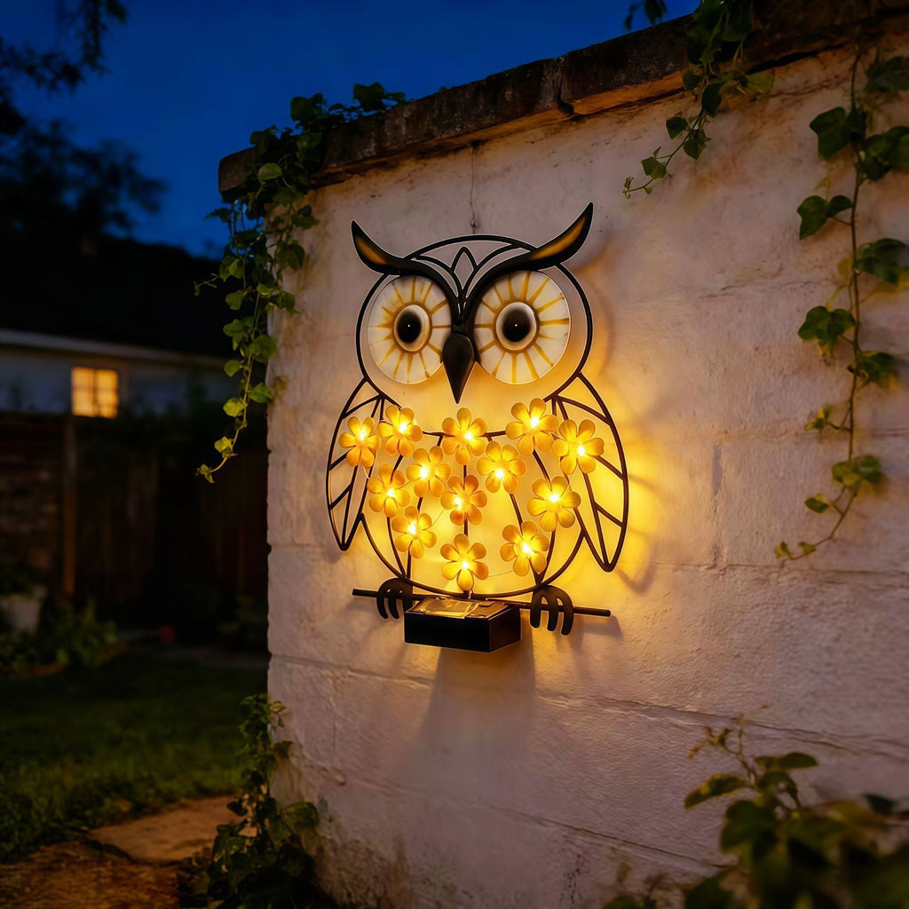 Metalen Uil Wanddecoratie Met Zonne-energie Aangedreven LED Bloemige Lichten En IJzeren Frame Troscana
