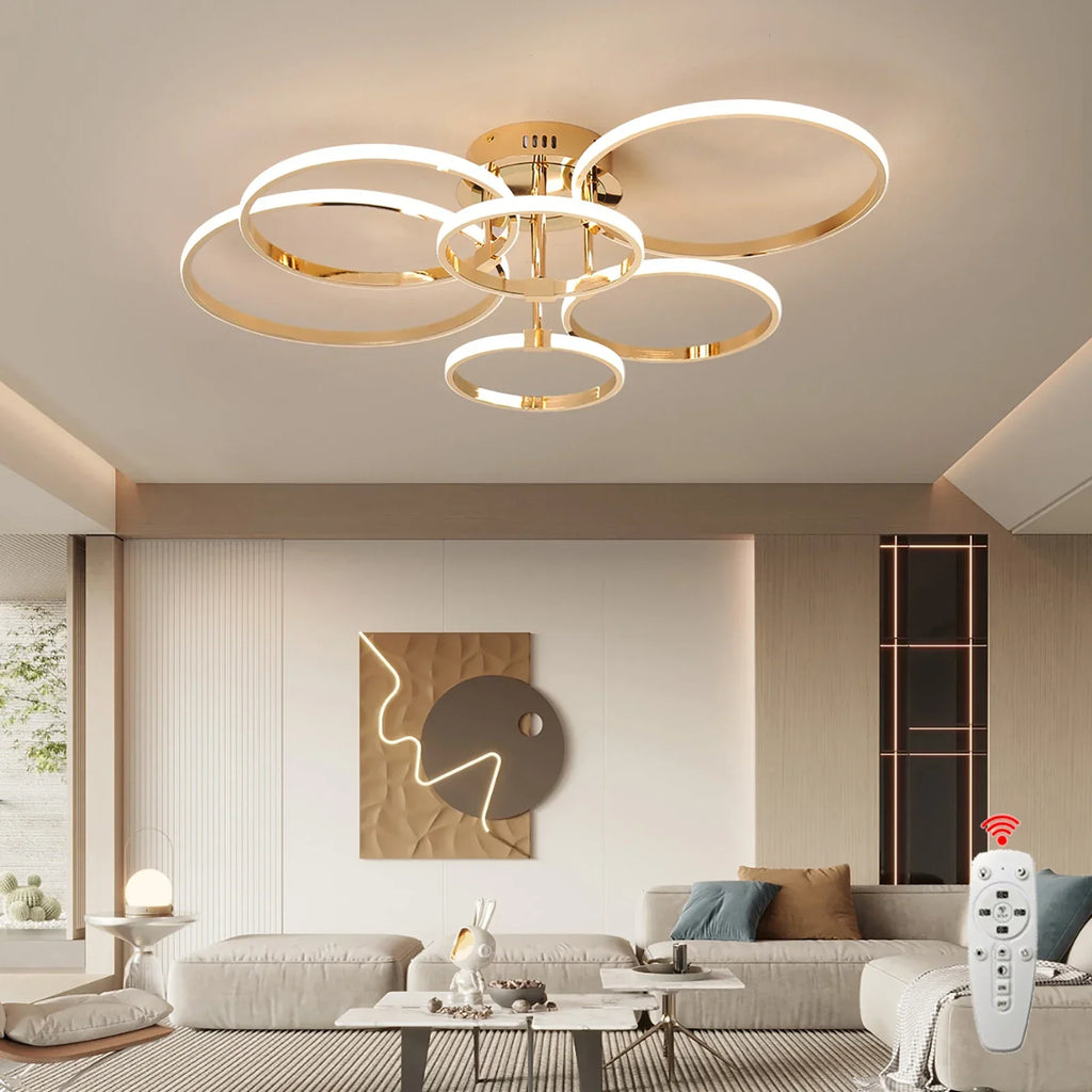 Moderne LED Plafond Kroonluchter – Dimbare Verlichting met Afstandsbediening & App-besturing, Goud/Chroom/Zwart Afwerking, voor Woonkamer & Slaapkamer