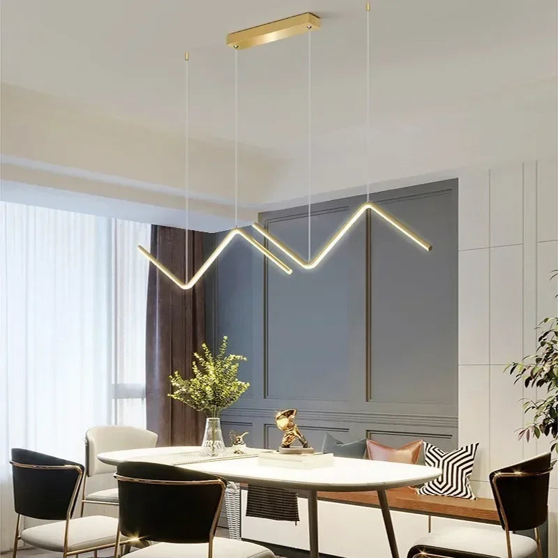 Moderne LED Hanglamp – Nordic Gouden Kroonluchter voor Keuken, Eetkamer en Restaurant, Z-Vormig Ontwerp met Afstandsbediening