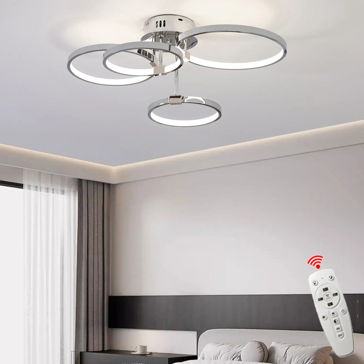 Moderne Dimbare LED Plafondlamp – 4/6 Ring Kroonluchter met Afstandsbediening, Verstelbare Kleurtemperatuur voor Woonkamer, Slaapkamer en Eetkamer