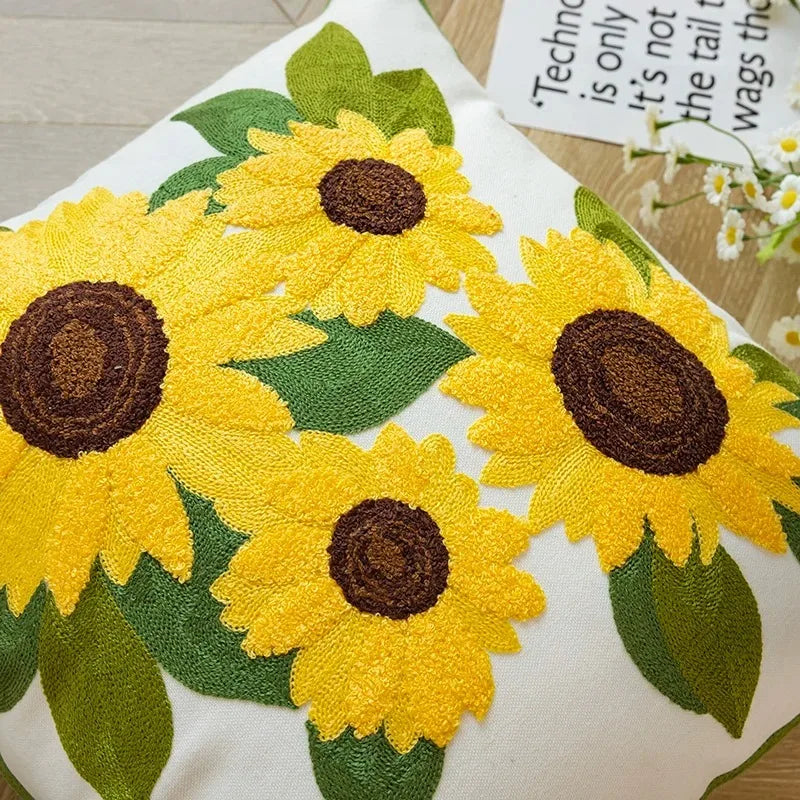 Katoenen Geborduurd Decoratief Kussen 45x45 cm met Zonnebloem Patroon
