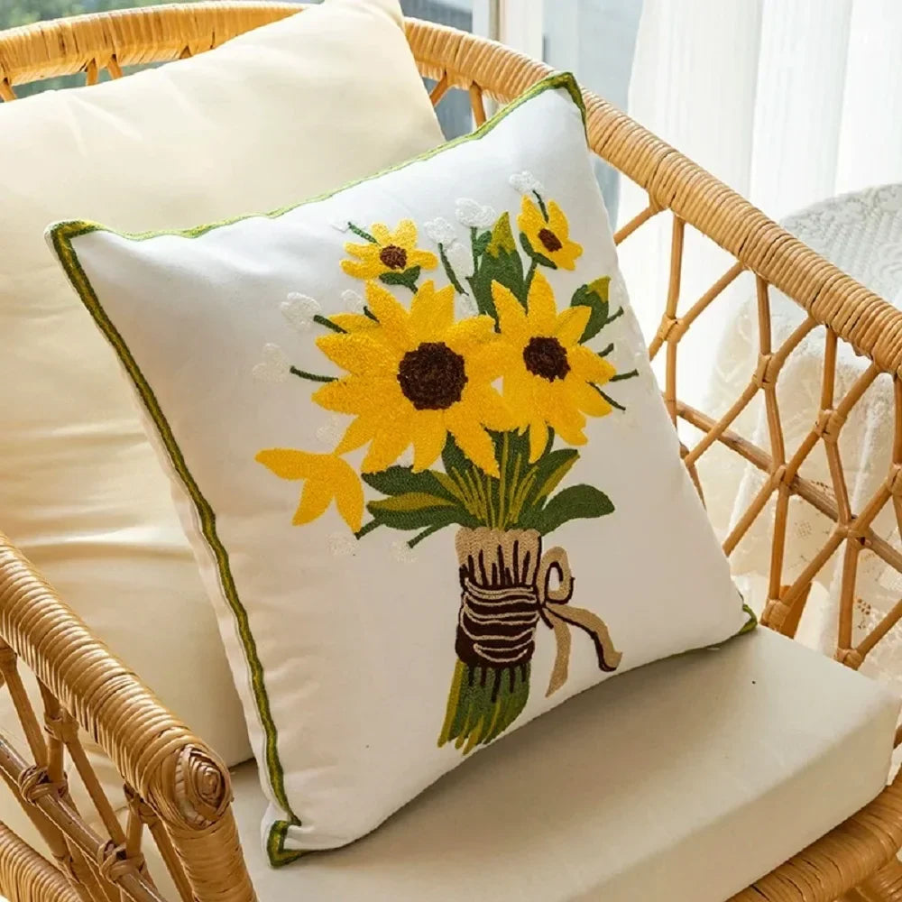 Katoenen Geborduurd Decoratief Kussen 45x45 cm met Zonnebloem Patroon