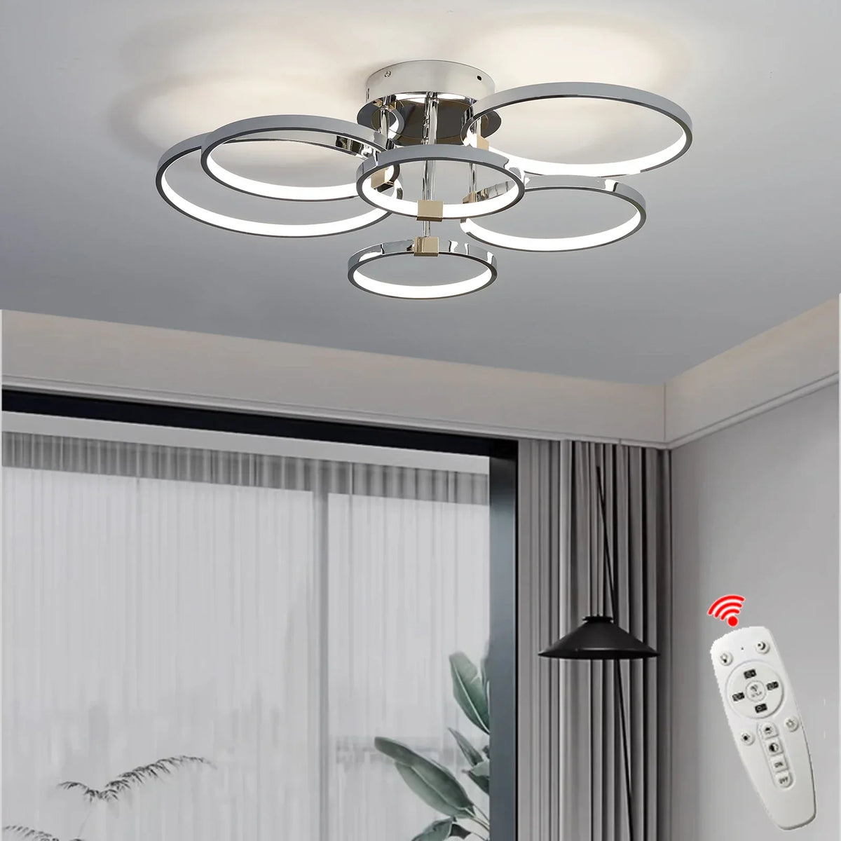 Moderne Dimbare LED Plafondlamp – 4/6 Ring Kroonluchter met Afstandsbediening, Verstelbare Kleurtemperatuur voor Woonkamer, Slaapkamer en Eetkamer
