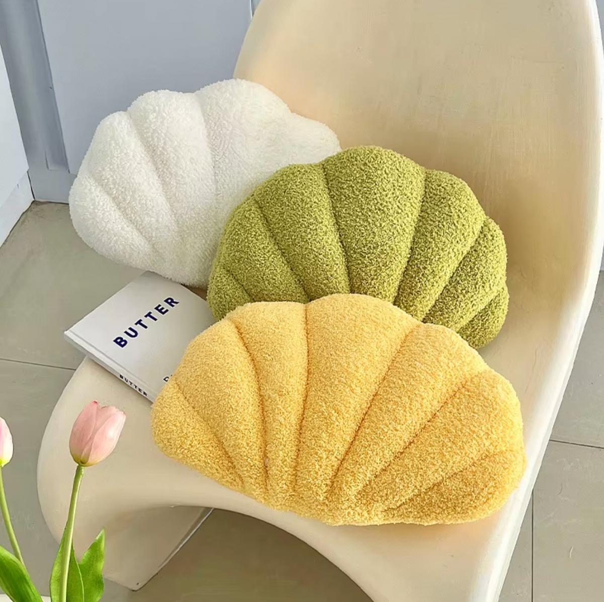 Pastel Shell Kussen – Fluffy Bouclé Pluche Kussen | Troscana