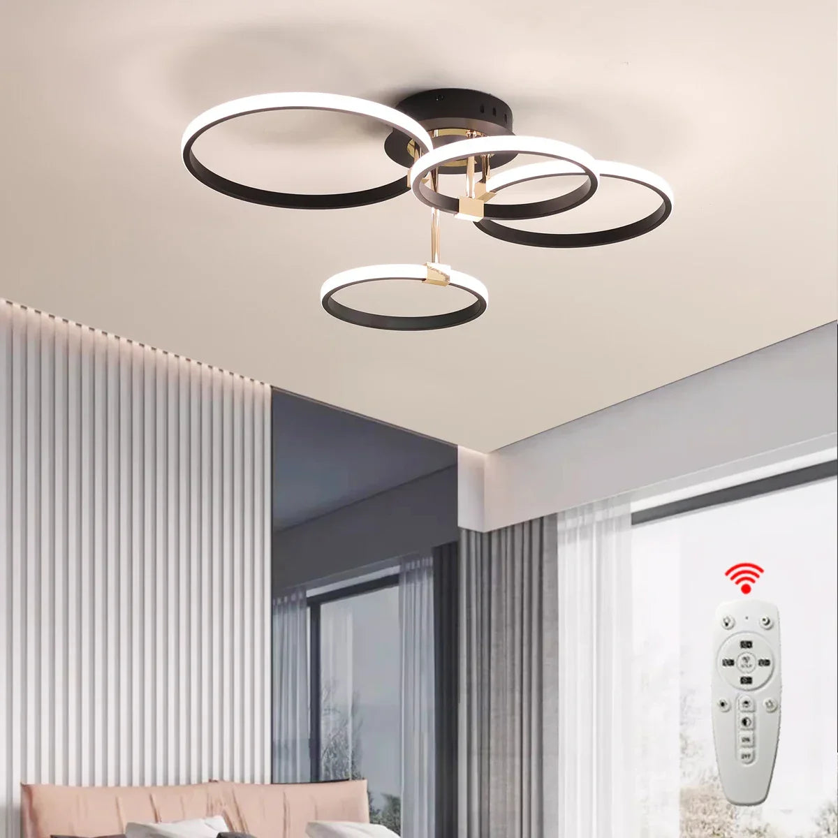 Moderne LED Plafond Kroonluchter – Dimbare Verlichting met Afstandsbediening & App-besturing, Goud/Chroom/Zwart Afwerking, voor Woonkamer & Slaapkamer