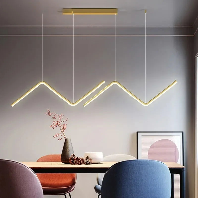 Moderne LED Hanglamp – Nordic Gouden Kroonluchter voor Keuken, Eetkamer en Restaurant, Z-Vormig Ontwerp met Afstandsbediening