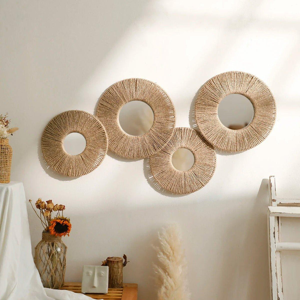 Troscana | Ronde decoratieve wandspiegel in boho stijl met geweven henneptouw